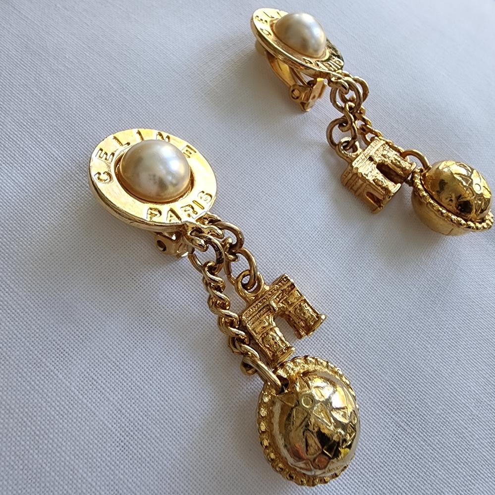 CELINE PARIS Gold Tone Pearl Arc de Triomphe Golden Ball Clip Earrings - Picture 5 of 8